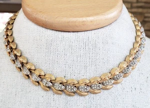 Vintage Kramer Pave Rhinestone Textured Leaf Panel Gold ToneNecklace Adjustable - Picture 1 of 7