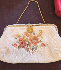 Antique Hand Beaded French Point de Beauvais Purse Roses Floral Enamel OVIATT'S - Picture 1 of 10