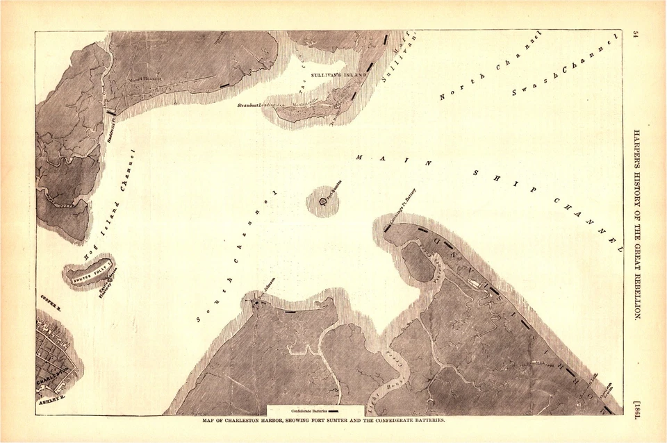 Charleston, S.C. Harbor Map-Forts Sumter Moultrie Batteries Harper’s 1864 Print Foto 1 de 1