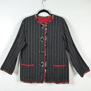 VTG KOOS of course! Reversible Jacket Black Stripe Red Floral Trim Woman Medium - Picture 1 of 11