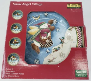 NIB Debbie Mumm SNOW ANGEL VILLAGE Set 4 SALAD DESSERT PLATES Sakura Stoneware - Picture 1 of 12