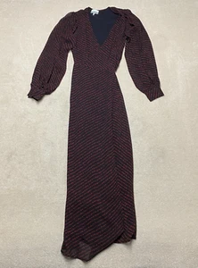 Ganni Maxi Dress Size 38 UK 10 Women's Red Black Wrap Long-Sleeve V-Neck Chiffon - Picture 1 of 15