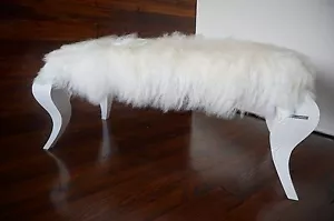 Ottoman white Oak wood indoor bench - upholstered Icelandic sheepskin - 3 us - Picture 1 of 8