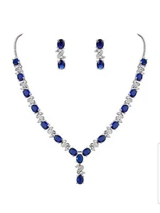 White Gold Finish Love & Kisses Blue Sapphire Simulated Diamond Necklace Set - Picture 1 of 6