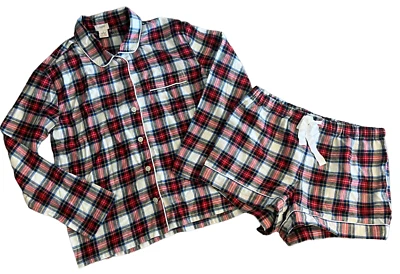 全新 J.CREW 红色 TARTAN PLAID FLANNEL 短裤 长袖上衣 PAJAMA 套装 尺寸 小号 — 第 1/4 张图片
