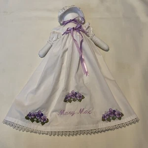 Hand Sewn Cloth Doll Girl in White Dress Bonnet Purple Flowers MARY MAC - Picture 1 of 11