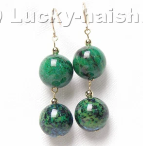 AAA 100% natural 12mm green Chrysocolla Earrings 14KT gold hook Dangle j4155 - Picture 1 of 2