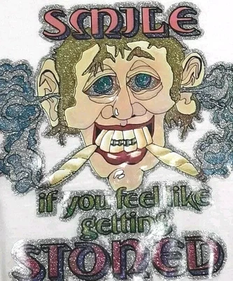 VTG 1970s T-shirt  Iron-on "Smile If You Feel Like Getting Stoned" 3/4 Sleeve - Image 1 of 4