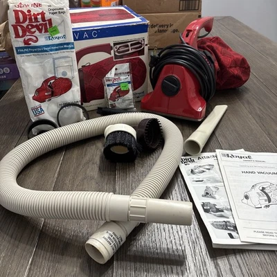 Vintage Dirt Devil Hand Vac Model 103 W/ Attachment Kit & Lots of Bags. TESTED - Image 1 of 4