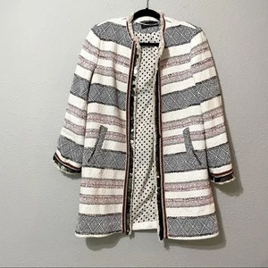 Zara Blazer Longjacke blau rot & weiß Fransen verziert S Tweed Boho - Bild 1 von 10