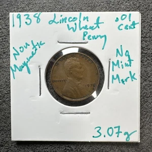 1938 No Mint Mark Wheat Penny. 3.07g. Non Magnetic. Copper. No Mint Mark. - Picture 1 of 4