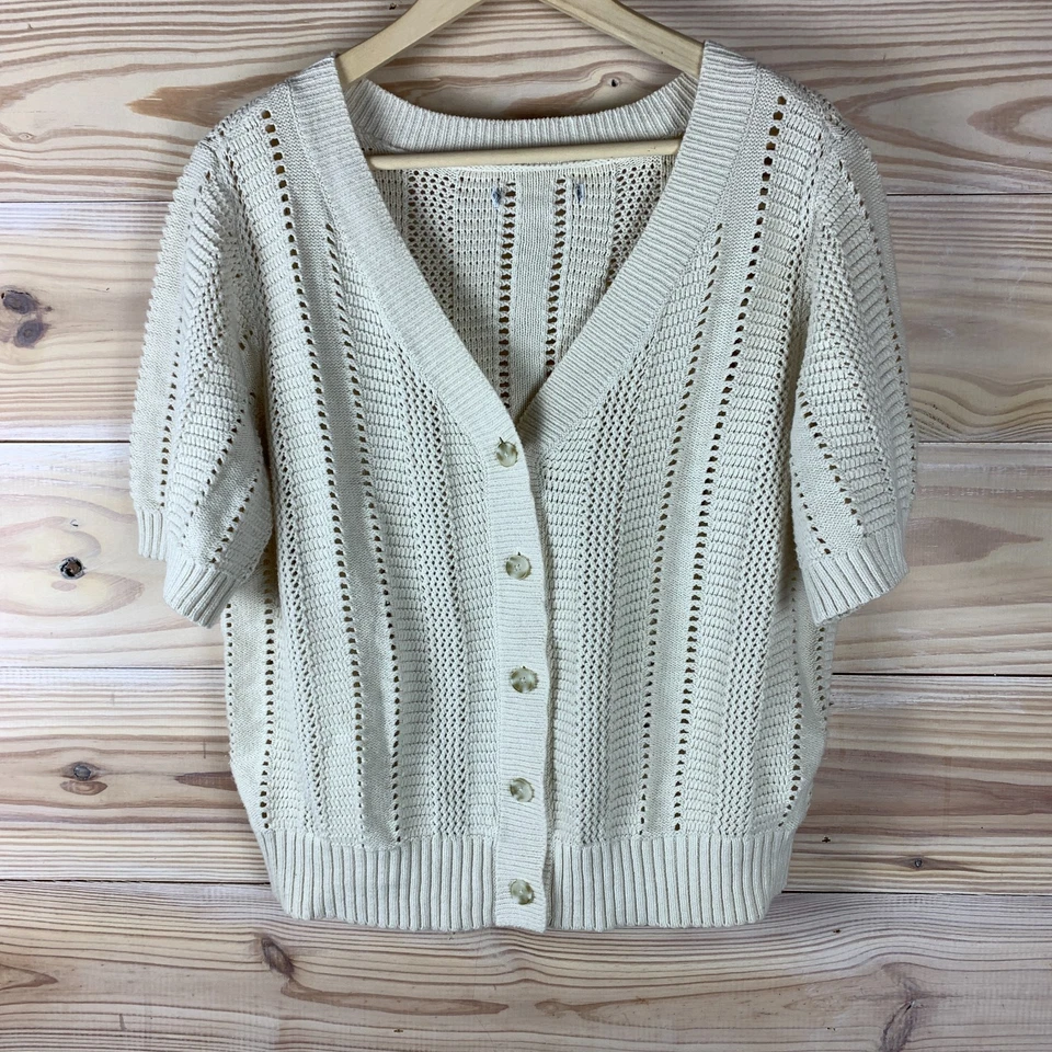 Suéter Sonoma Feminino Grande/XL Manga Curta Cardigã Marfim Malha Aberta Preppy - Imagem 1 de 4