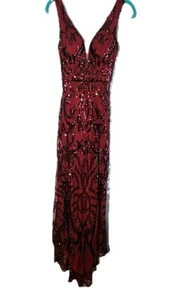 Sequin Formal Gown Dress Sz 0 Red Plunge Sequins Slit Train Vamp Witch Prom HOCO - Picture 1 of 15