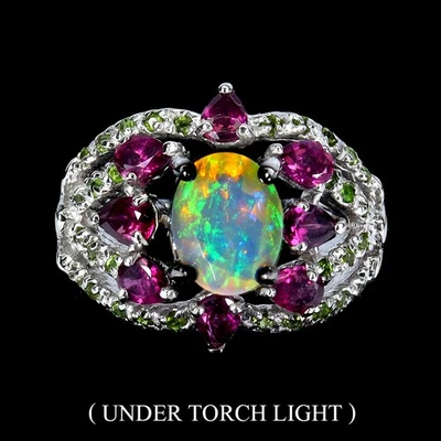 925 Sterling Silver Ring Oval Fire Opal 9x7mm Rhodolite Gemstone Jewelry Size 8 - Image 1 of 4