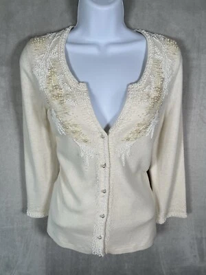 Cárdigan vintage Ann Taylor lana mezcla cachemir perlas con cuentas 100 % seda forro M Foto 1 de 4