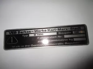 Nameplate ID plate sign IFA VEB Barkas works B 1000 Karl Marx city S72 year old - Picture 1 of 1