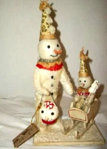 Vickie Smyers Bethany Lowe Spun Cotton 2 Snowman Sled Figure Folk Art Primitive - Picture 1 of 7