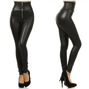 Womens Casual High Waist Skinny Slim Fit Legging Pants Faux Leather Zip Trousers