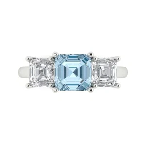 4Ct Emerald Cut Natural Sky Blue Topaz 3 Stone Engagement Ring, 14K White Gold - Picture 1 of 11