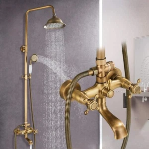 Antique Brass Bathroom Shower Faucet Set 8" Rainfall Head Combo with Tub Spout - Picture 1 of 9