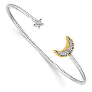 14K Solid Two Tone Gold Yellow Moon Star Diamond Cuff Bangle Bracelet - Picture 1 of 12