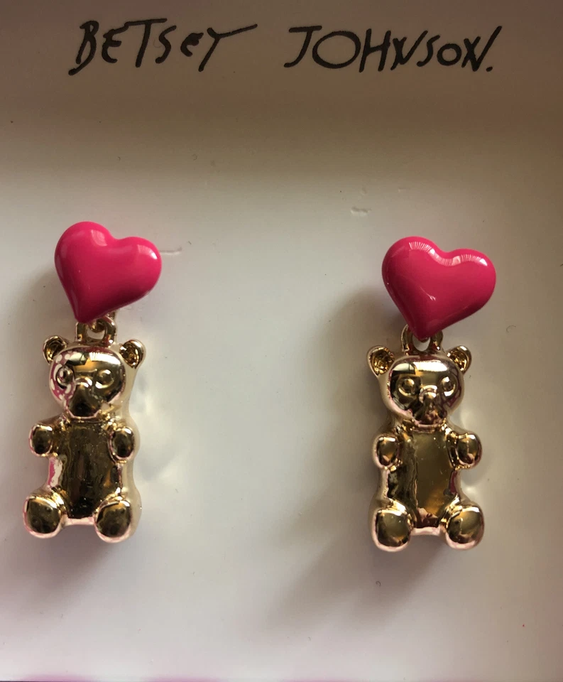 Betsey Johnson Gold-tone Gummy Bear Drop Earrings With Pink Hearts