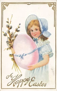 1910-15 Easter Postcard with Illustrated Cute Girl Carrying Large Easter Egg - Picture 1 of 2
