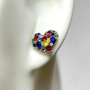Heart Shaped Multicolored Rhinestones Silver Tone Post/Pierced Earrings - Picture 1 of 8
