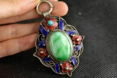 China Handwork Tibet-silver Inlay Old Green Jade Stone Cloisonne Flower Pendant - Image 1 of 3