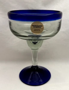 Hand Blown Mexican Margarita Glass 14oz. Wide Cobalt Blue Rim/Base **NEW** - Picture 1 of 6