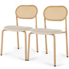 Set of 2 Boho Dining Chairs Upholstered w/Rattan Back,Metal Legs for Living Room