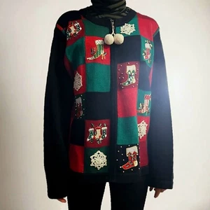 Vintage Ugly Christmas Sweater Vtg Embroidered Zip Up Knit Cardigan Size Large - Picture 1 of 7