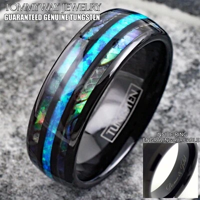 Anillo de boda personalizado grabado abulón de tungsteno y ópalo hawaiano para hombre Foto 1 de 4