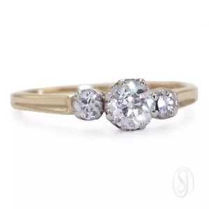 ART DECO 18K Yellow Gold Platinum 0.50tw Old European Cut Diamond Trilogy Ring - Picture 1 of 7