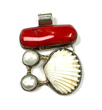 Sterling Silver Coral Shell & Pearl Articulated 1.75" x 1.25" Pendant