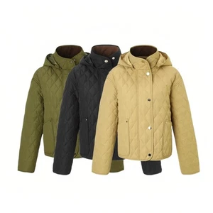 Womens Checked Quilted Padded Hooded Coat Detachable Cap Short Jacket Zip Winter - Picture 1 of 17