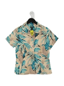 IZOD Women's Shirt UK 8 Tan Graphic 100% Silk Short Sleeve Collared Basic - Picture 1 of 5