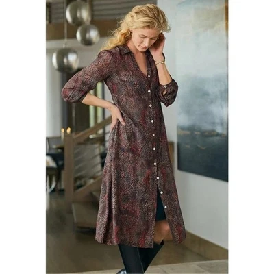 Soft Surroundings Leopard Print Shirt Dress Size M Semi Sheer Boho Lawton Fall - Image 1 of 4