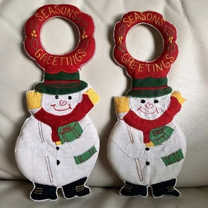 Vintage Seasons Greetings Festive Snowman Door Hangers Fabric Holiday Decor - Picture 1 of 4