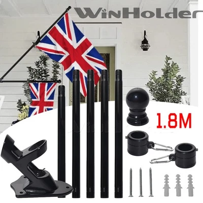 1.8M Wall Mounted Flag Pole Kit Black Stainless Steel with Mounting Bracket Set - Image 1 of 4