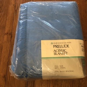 Coperta vintage Sears acrilico blu con bordo in nylon blu - taglia intera - nuova - Foto 1 di 5