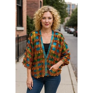 Paula Sweet Muslin Mink Jacket Multicolor Plaid Womens Size L Ruffle Art To Wear - Picture 1 of 8