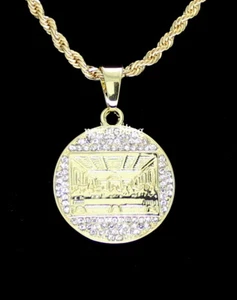Round Iced Last Supper CZ Pendant 14k Gold Plated 24" Rope Chain HipHop Necklace - Picture 1 of 4