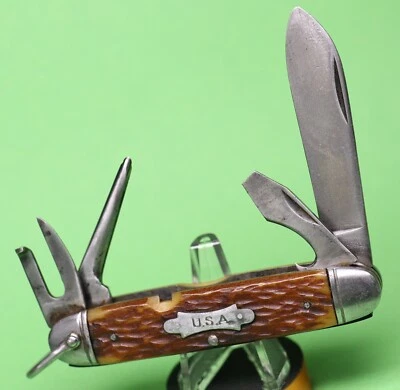 Vintage Camillus Cutlery NY USA 4 Line Jigged Bone Scout Multi Tool Pocket Knife - Image 1 of 4