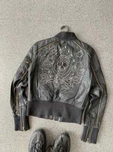 Ed Hardy By Christian Audigier Women Leather Jacket Motor Skull Embroidered Sz S - Picture 1 of 11
