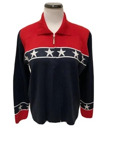 Red-White-Blue Karen Lessly Zip Sweater SZ PM Shoulder Pads Made In USA Cute - Picture 1 of 10