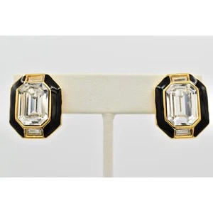 Pendientes Trifari Vintage Cristal Clip On Oro Negro Esmalte Baguette Firmado BinAR - Imagen 1 de 12