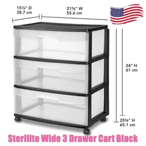 Sterilite Wide 3 Drawer Cart Black - Picture 1 of 8