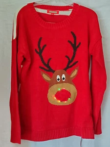 Holiday Traditions Reindeer Theme Light Up Christmas Red Pullover Sweater Large - Picture 1 of 7