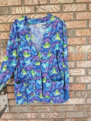 Peaches Uniforms-Woman Scrub Jacket-Size Small-Blue/Frogs-Button Up-Pockets - Image 1 of 4